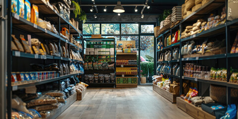 Pet shop. Shelves with goods for animals