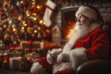 Obraz premium Santa claus sitting in a chair by the fireplace holding a christmas present, smiling. The christmas tree is sparkling in the background