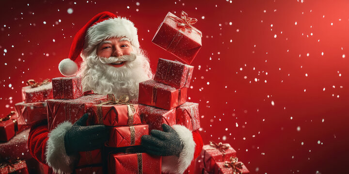 Santa claus stands in front of a vibrant red background, holding christmas presents as snowflakes fall around him, evoking holiday magic and joy