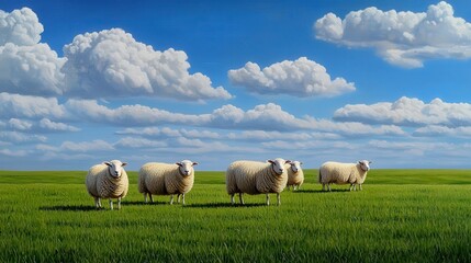 Obraz premium Peaceful Vintage Landscape with Grazing Sheep in Pastoral Meadow