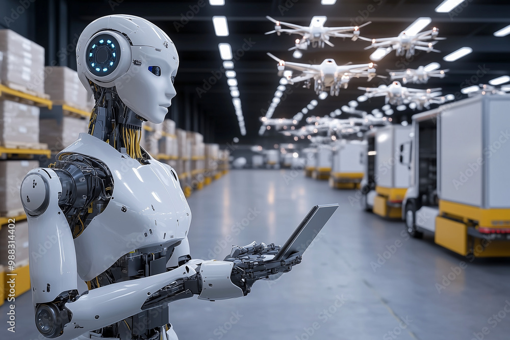 Poster robot is holding a tablet and a drone is flying above it. the robot is in a warehouse and the drone 
