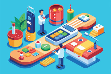 This artwork showcases various diabetes management tools, including a glucose meter, insulin vials, and health monitoring gadgets used by healthcare professionals.