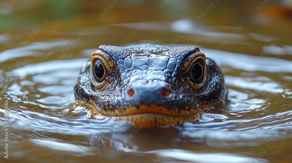 Poster close-up of a lizard's head partially submerged in water.
