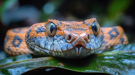 Close-up of a vibrant snake resting on a leaf.