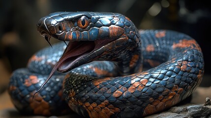 Obraz premium A close-up of a colorful snake with an open mouth and forked tongue.