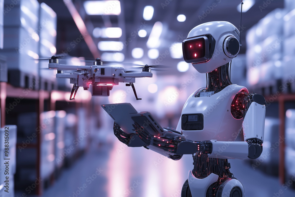 Poster robot is holding a tablet and a drone is flying above it. the robot is in a warehouse and the drone 