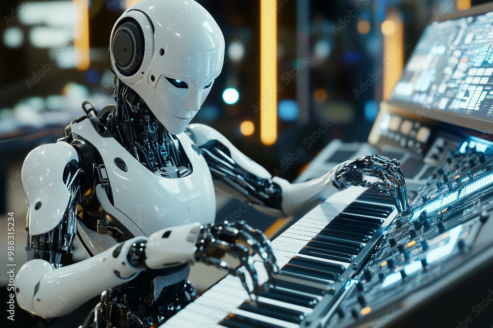 Poster robot is playing a keyboard. the robot is made of metal and has a human-like appearance. the keyboar