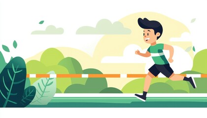 A cheerful boy running outdoors in a vibrant landscape, showcasing energy and joy in a colorful illustration.