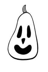Jack the Lantern Pumpkin. Illustration isolated on white background. Elongated butternut pumpkin. A carved smile and surprised eyes. Black outline drawing. Halloween. Doodle.