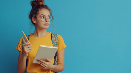 Front view of female student wearing backpack holding copybook and pen thinking on blue wall
