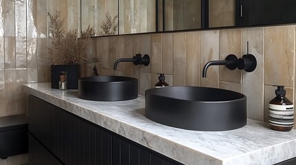 A modern Scandinavian bathroom with matte black fixtures, a polished marble countertop, and minimalist decor. The sleek, contemporary design features sharp contrasts and natural textures,