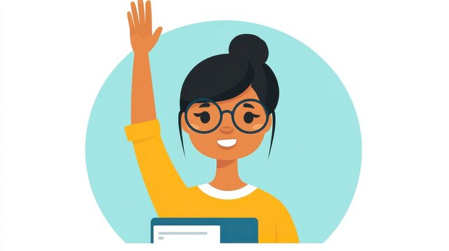 A cheerful young woman with glasses raising her hand, symbolizing curiosity and participation in learning or discussions.