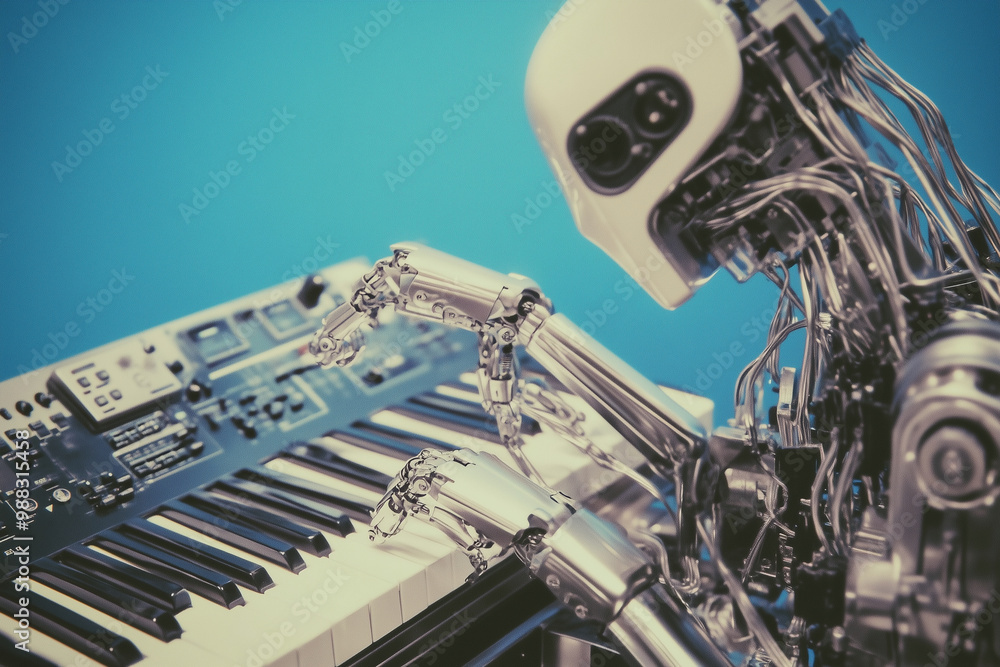 Poster robot is playing a keyboard. the robot is made of metal and has a human-like appearance. the keyboar