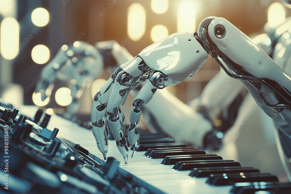 Poster robot is playing a keyboard with its hands. the robot is white and has a metallic appearance. the ke