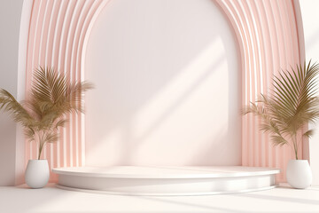 Empty room with shadows of window and Orchid and other flowers on the both sides and palm green leaves 3d room with copy space. White and pink theme room. High resolution photography