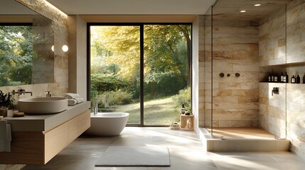Fototapeta premium A modern Scandinavian bathroom with natural stone walls, soft lighting, and light wood accents. The minimalist design and large windows create a bright, airy space with a fresh, natural feel,