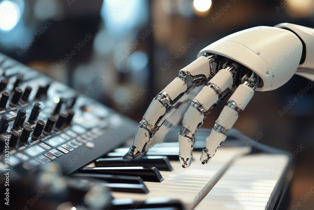 Poster robot is playing a keyboard with its hands. the robot is white and has a metallic appearance. the ke