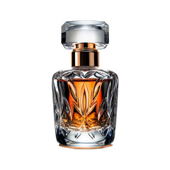 Crystal-clear perfume bottle with intricate patterns, isolated on transparent background