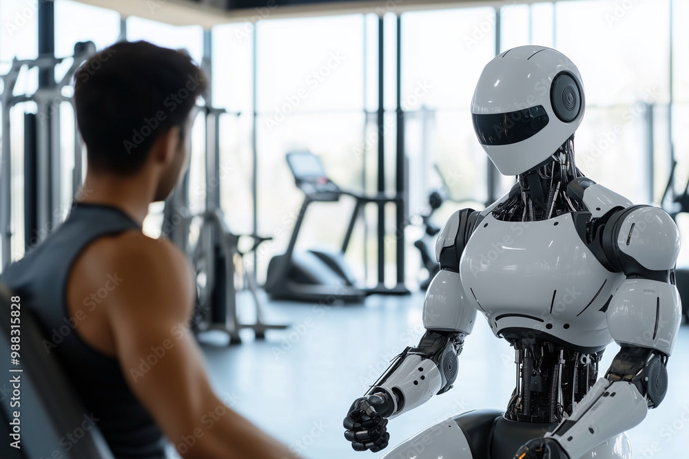Poster man is talking to a robot in a gym. the robot is white and has a helmet on. the man is sitting on a 