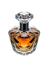 Luxurious perfume bottle with a diamond-shaped lid, isolated on transparent background