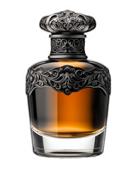 A bottle of perfume with a gold cap