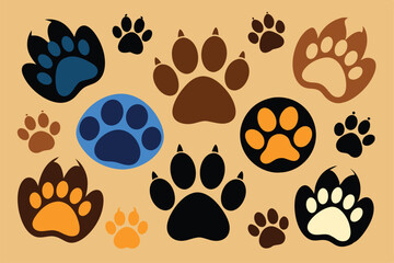 Fototapeta premium This collection showcases various animal paw prints in different colors and designs, perfect for creative projects or educational uses.