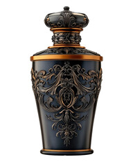 A bottle of perfume with a gold and black crown on top