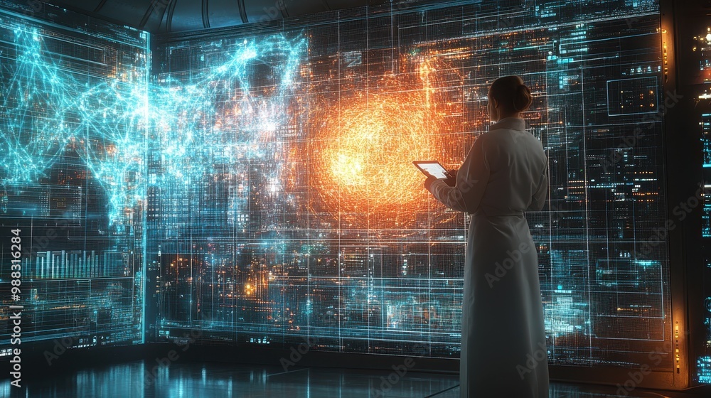 Poster futuristic data visualization and analysis in holographic environment