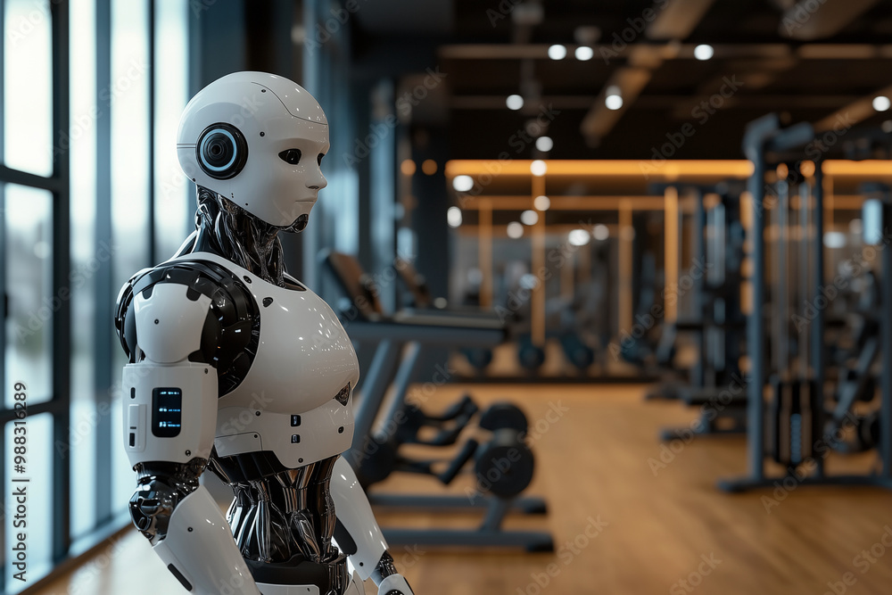 Poster robot is standing in a gym with a blue face. the robot is wearing a white outfit and has a black bel