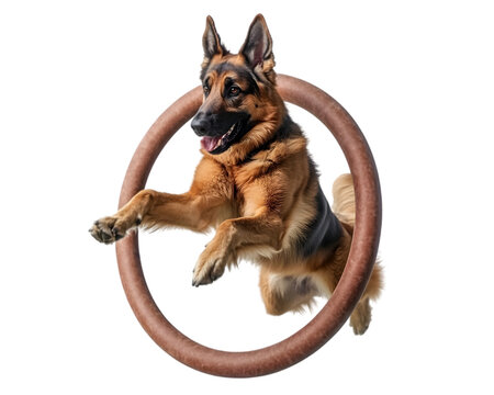 German shepherd jumping through an agility hoop on transparent background