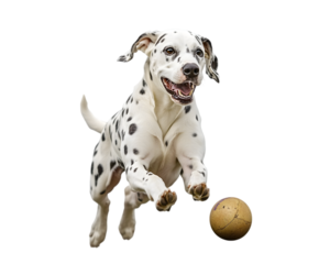 Dalmatian running in a park, chasing a ball on transparent background
