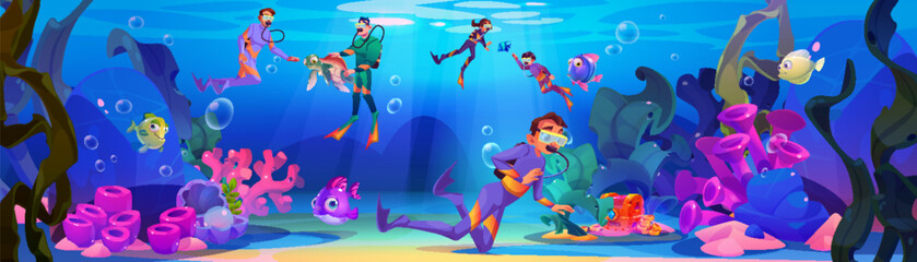 Men and teenage children in wetsuits and snorkels diving underwater with turtle and fishes, bright tropical seaweeds and corals, treasure chest on sea or ocean sandy bottom. Cartoon vector seascape.