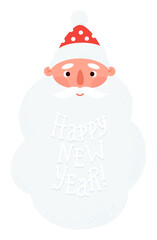 Happy New Year. Cute Santa Claus with big beard with lettering congratulation. Vector illustration. Christmas holiday portrait character