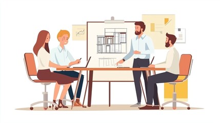 Man Architect Showing Drawing Building on Board to Businesspeople Engineers Group. Team Planning Project and Doing Presentation on Meeting. House Layout. Male and Female Characters Sitting at Table.