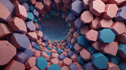 Pink, Purple, and Blue Background with Spatial Octagons and Organic Curved Lines in Soft Blue, Pink, and Brown