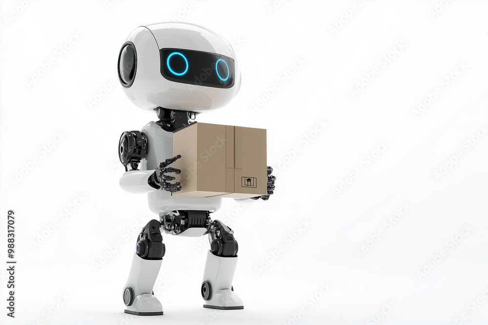 Poster robot is holding a box and appears to be in motion. the robot is white and blue, and the box is brow