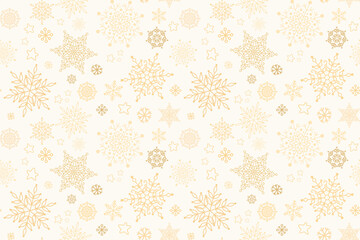 Gold elegant snowflakes seamless pattern on white background. Flat golden festive snowflakes pattern for textile, wrapping paper