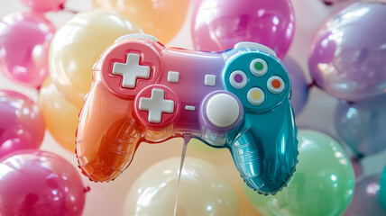 Colorful video game controller balloon among various balloons.