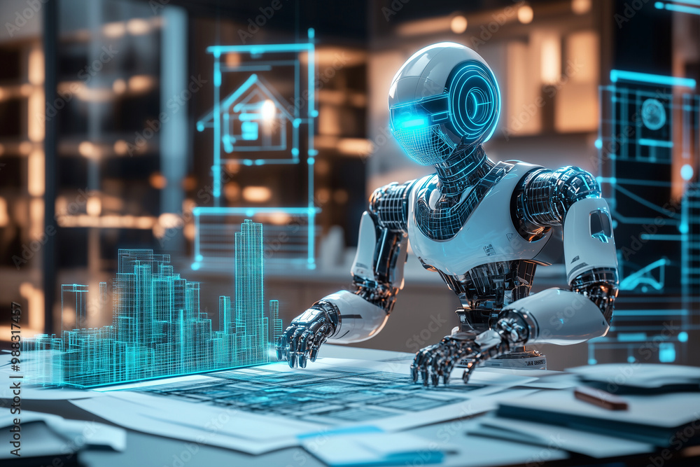 Poster robot is sitting on a desk with blue and white colors. the robot is designed to look like a human, a