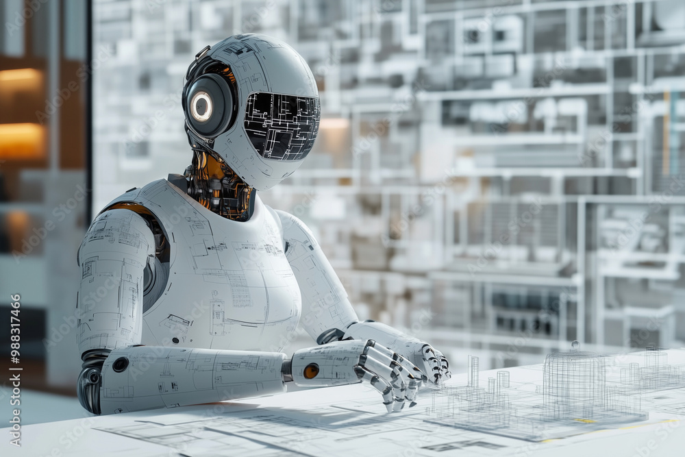 Poster robot is sitting at a desk with a computer screen in front of it. the robot is wearing a white shirt