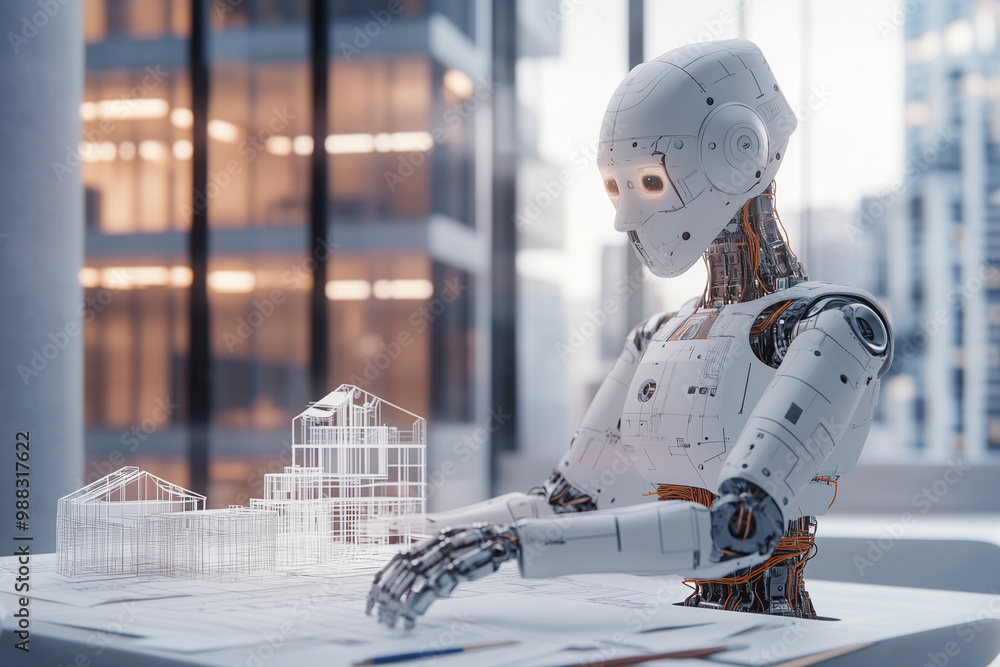 Poster robot is sitting at a desk with a computer screen in front of it. the robot is wearing a white shirt