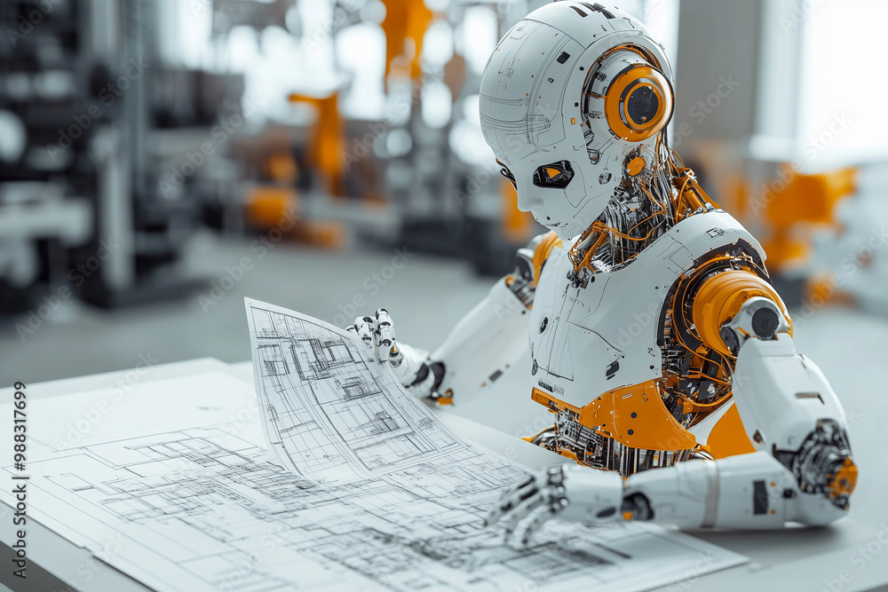 Poster robot is sitting at a desk and reading a blueprint. the robot is orange and white, and it is focused