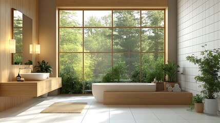 Fototapeta premium A Scandinavian bathroom featuring large windows, light wooden accents, and soft natural light. The minimalist design includes sleek white tiles, green plants, and a clean, modern aesthetic,