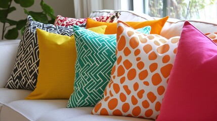Vibrant Throw Pillows Adorning a Cozy Living Room Sofa