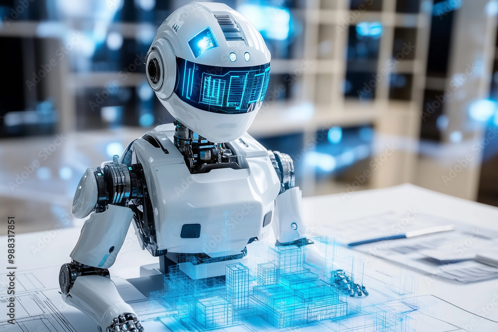 Poster robot is sitting on a desk with blue and white colors. the robot is designed to look like a human, a