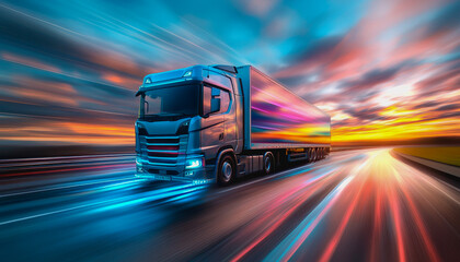 Truck on open highway at sunrise with dramatic clouds and vast green fields