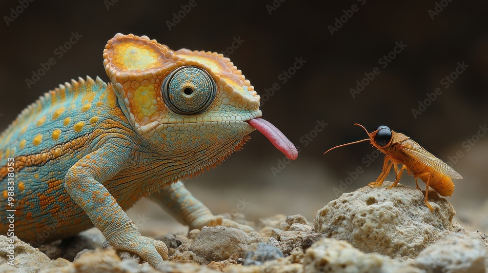 Poster a vibrant chameleon extending its tongue towards a cockroach.