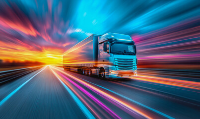 Truck on open highway at sunrise with dramatic clouds and vast green fields