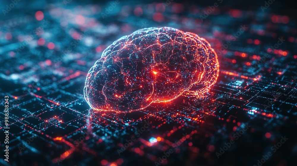 Poster a digital rendering of a glowing brain with intricate neural network connections, representing the c