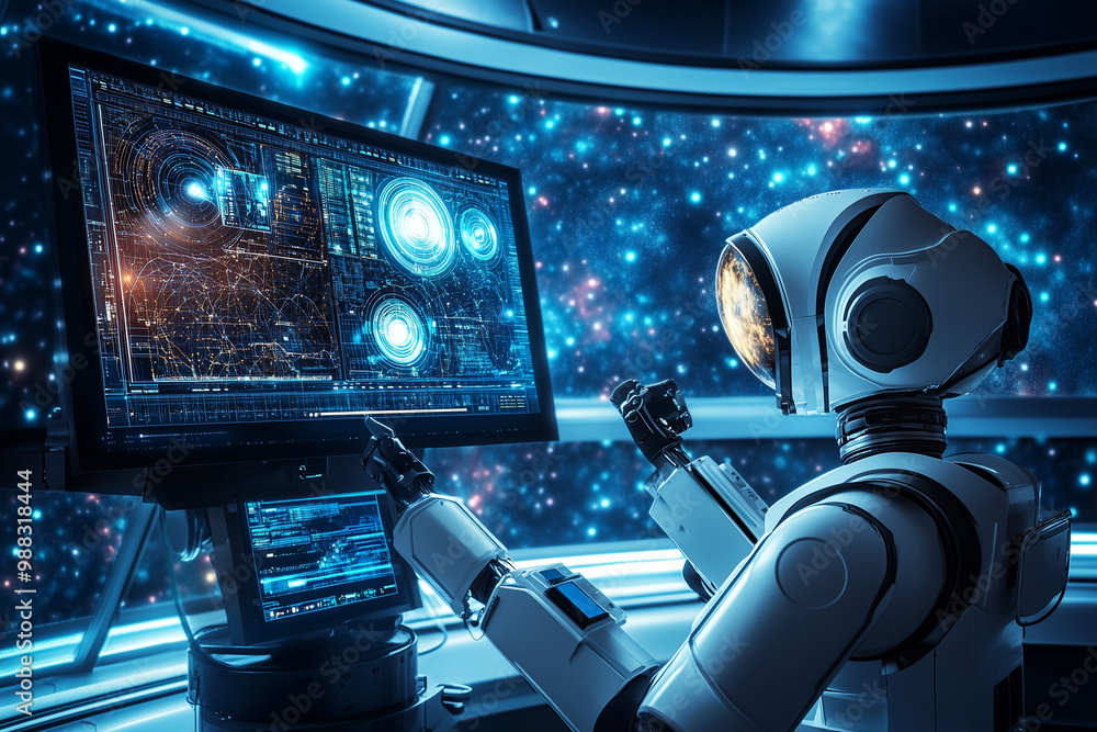 Aufkleber robot is sitting in front of a computer monitor, which is displaying a starry sky. the robot appears